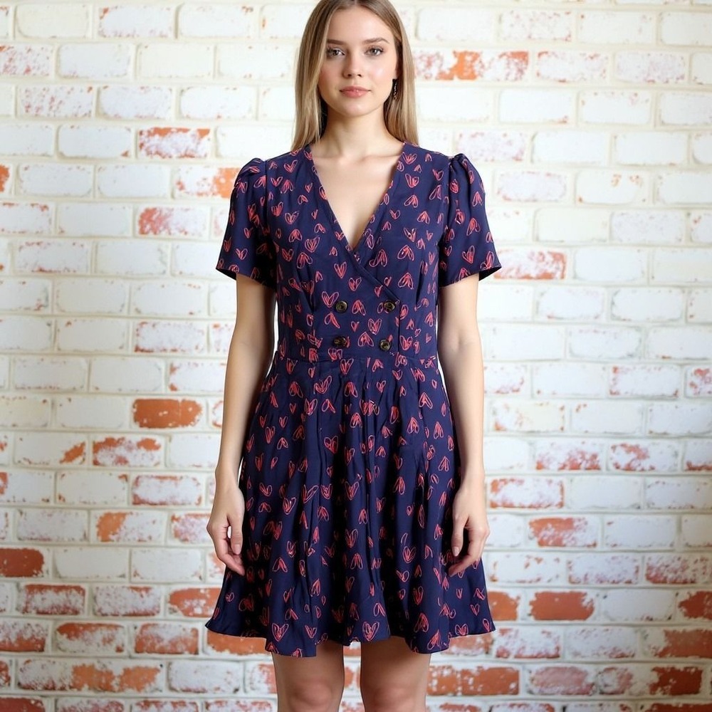 Urban Outfitters Romper Womens XS Navy Red Heart Print Short Sleeve V-Neck